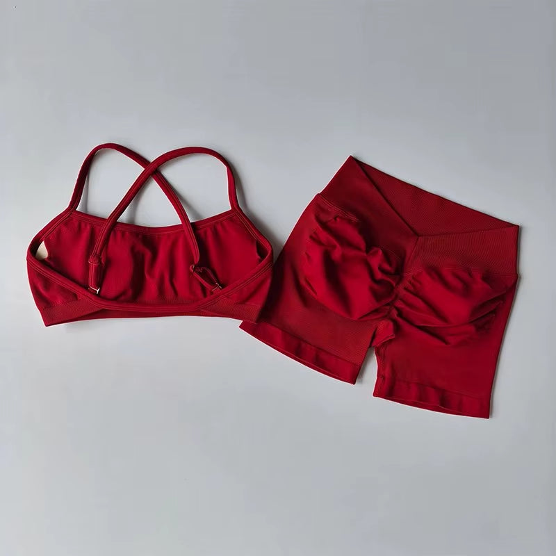 2PCS Women'S High Waist Seamless Yoga Gym Set Sports Bra Top with Scrunch Shorts Fitness Workout Sportswear