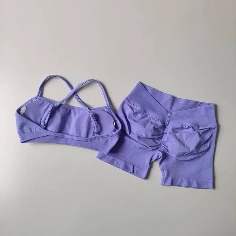 2PCS Women'S High Waist Seamless Yoga Gym Set Sports Bra Top with Scrunch Shorts Fitness Workout Sportswear