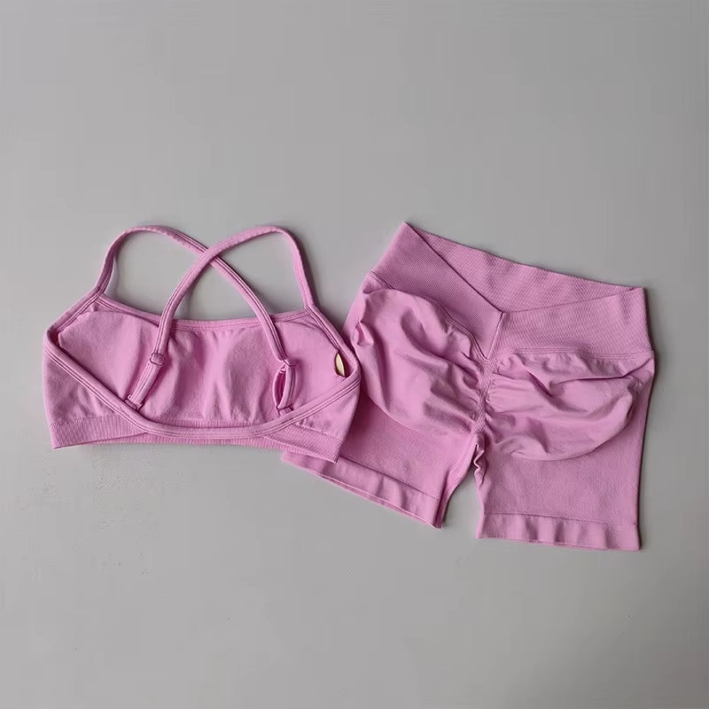 2PCS Women'S High Waist Seamless Yoga Gym Set Sports Bra Top with Scrunch Shorts Fitness Workout Sportswear