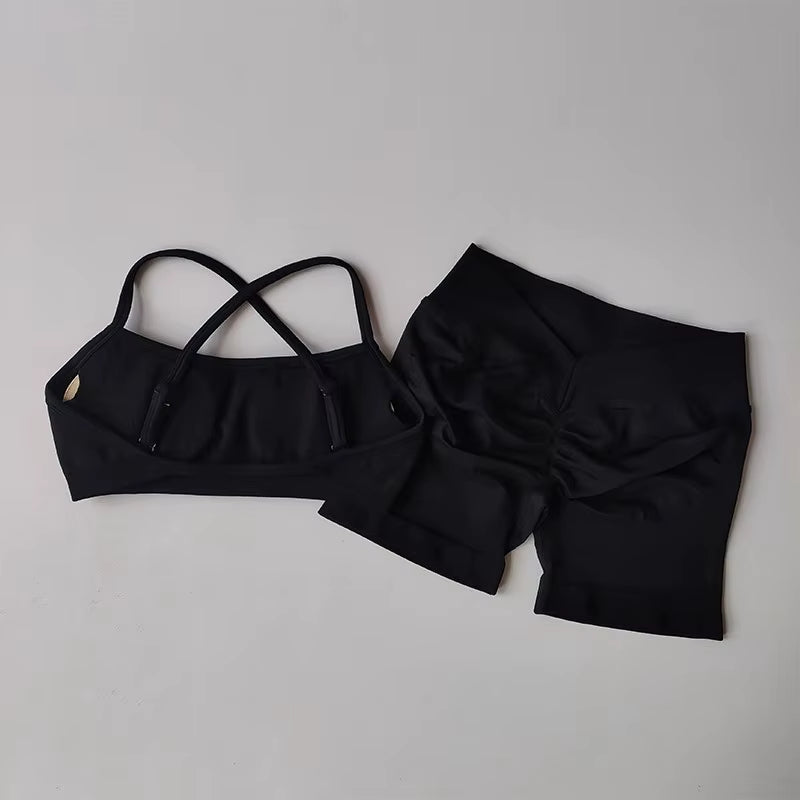 2PCS Women'S High Waist Seamless Yoga Gym Set Sports Bra Top with Scrunch Shorts Fitness Workout Sportswear