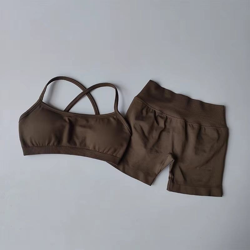 2PCS Women'S High Waist Seamless Yoga Gym Set Sports Bra Top with Scrunch Shorts Fitness Workout Sportswear