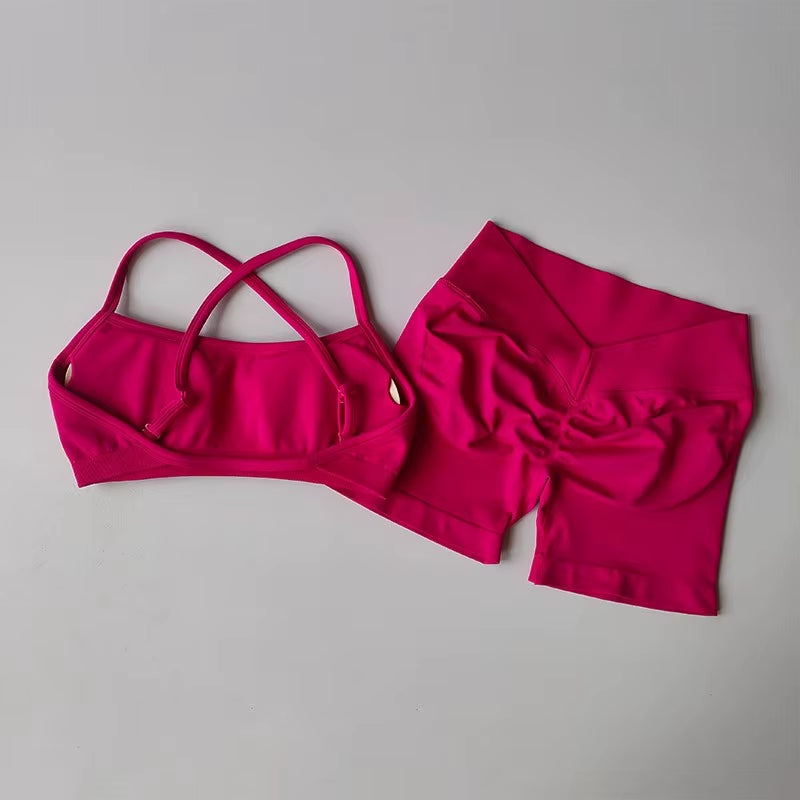 2PCS Women'S High Waist Seamless Yoga Gym Set Sports Bra Top with Scrunch Shorts Fitness Workout Sportswear