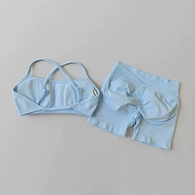 2PCS Women'S High Waist Seamless Yoga Gym Set Sports Bra Top with Scrunch Shorts Fitness Workout Sportswear