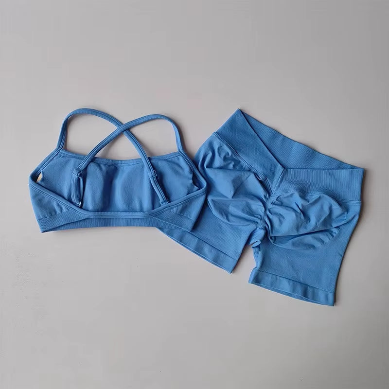 2PCS Women'S High Waist Seamless Yoga Gym Set Sports Bra Top with Scrunch Shorts Fitness Workout Sportswear