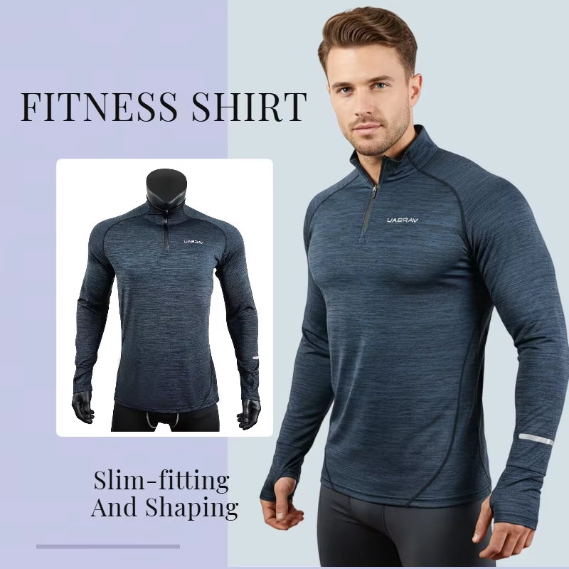 Mens Sports T-Shirt Sportswear Long Sleeve Running Gym Clothing Fitness Compression Shirt Zip Pullover Hiking Rashguard