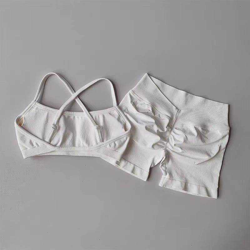 2PCS Women'S High Waist Seamless Yoga Gym Set Sports Bra Top with Scrunch Shorts Fitness Workout Sportswear