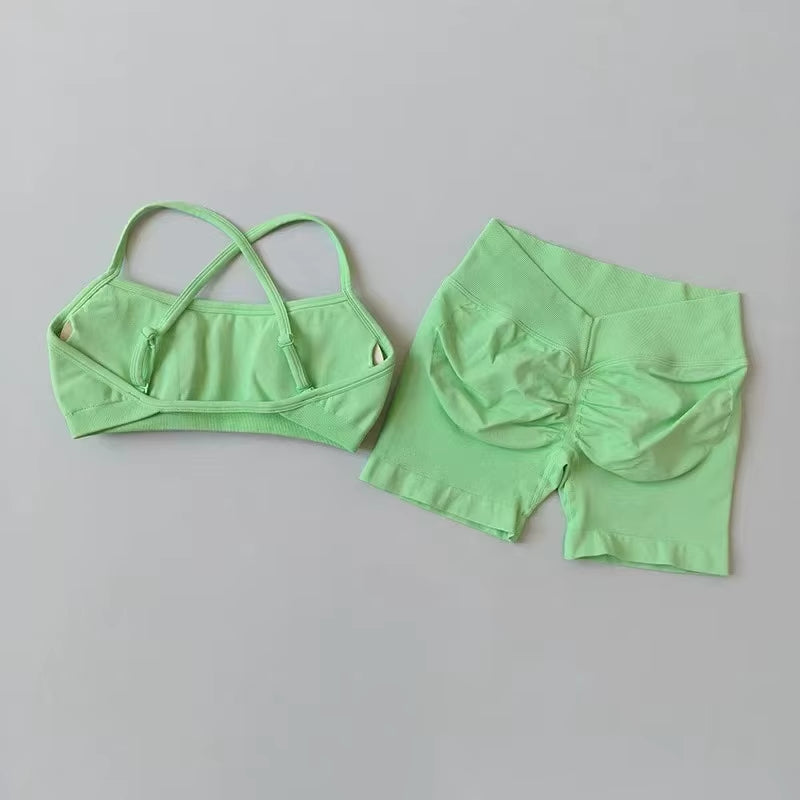 2PCS Women'S High Waist Seamless Yoga Gym Set Sports Bra Top with Scrunch Shorts Fitness Workout Sportswear