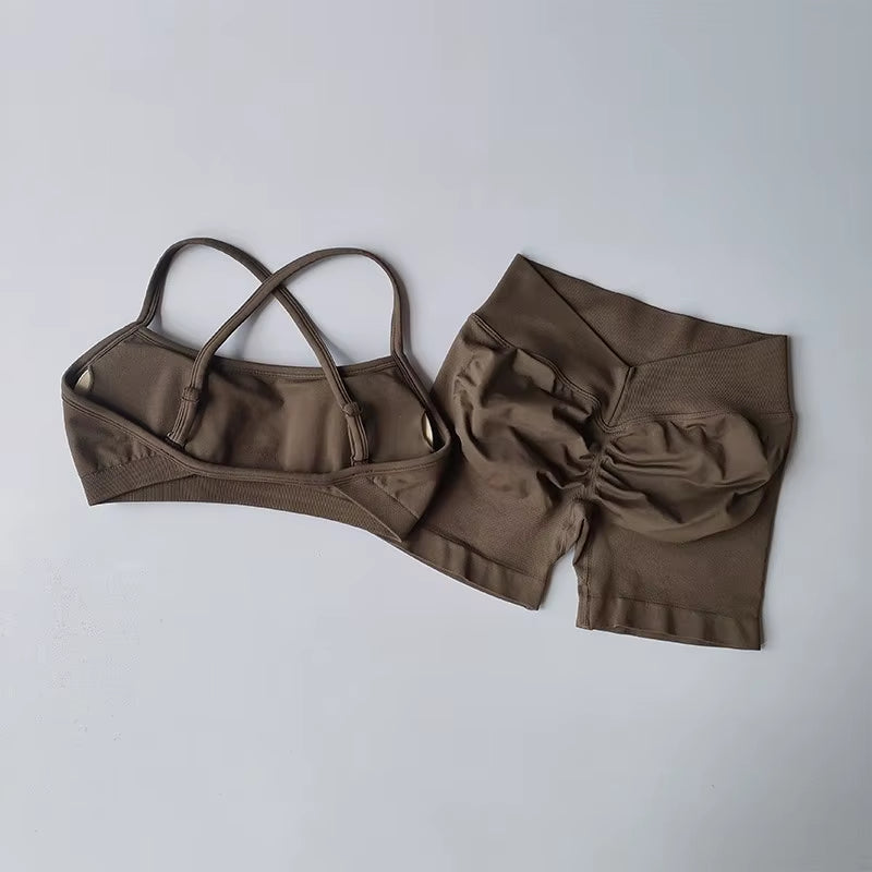 2PCS Women'S High Waist Seamless Yoga Gym Set Sports Bra Top with Scrunch Shorts Fitness Workout Sportswear