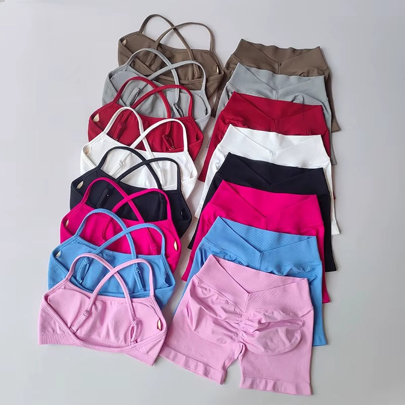 2PCS Women'S High Waist Seamless Yoga Gym Set Sports Bra Top with Scrunch Shorts Fitness Workout Sportswear